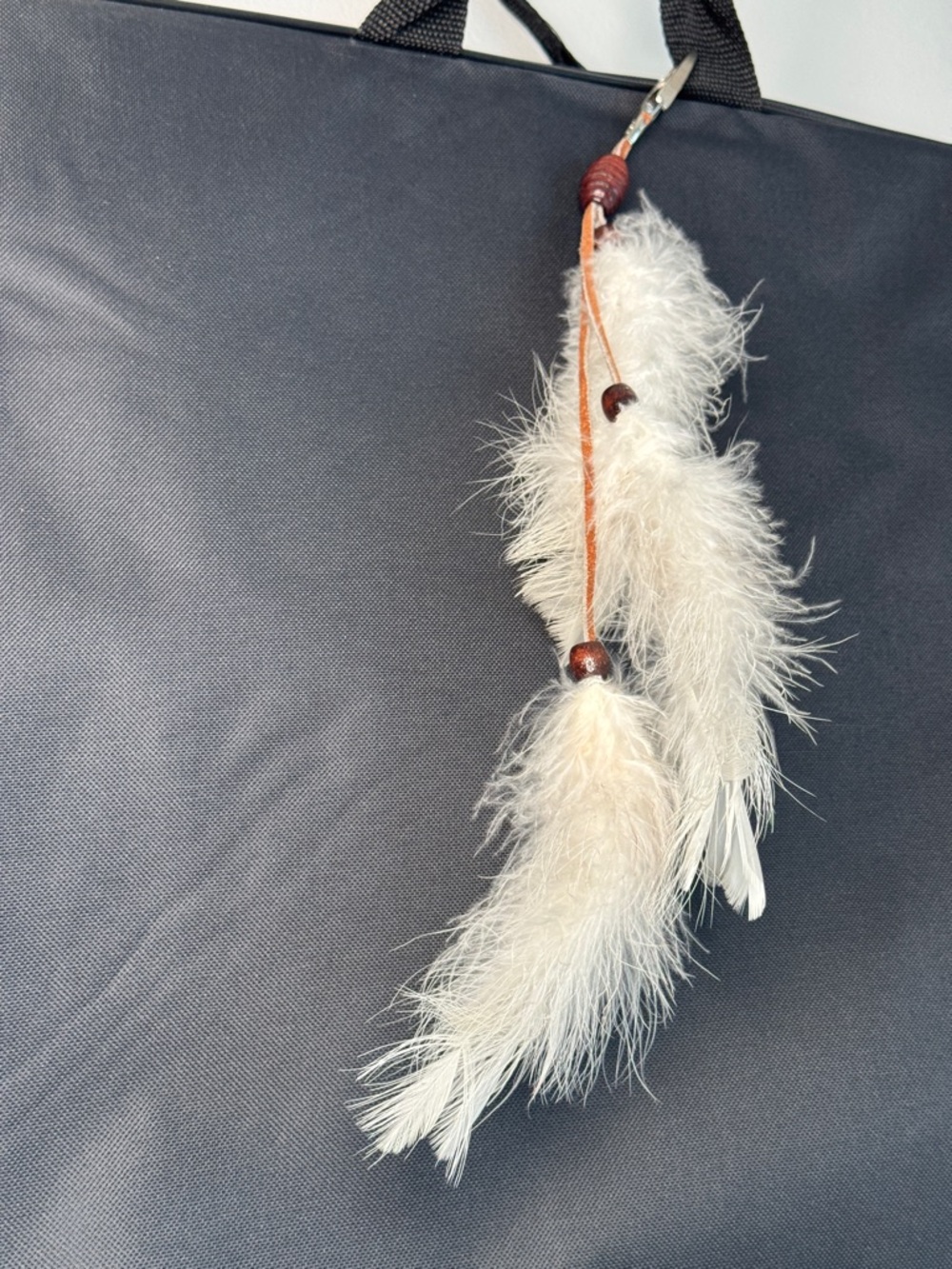 Vintage 70s Leather Wooden Round Bead White Feather Accessory Boho Clip Hair Bag
